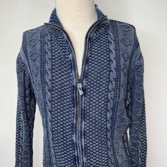 Carbon 2 Cobalt Sweater Size L Stavenger Blue Full Zip Cable Knit Linen Cotton - Picture 5 of 13